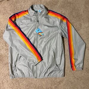 Aldi Merch - Men's Gray Windbreaker with Rainbow Sleeve Stripes